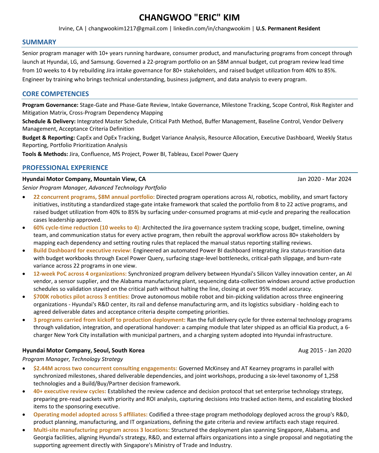 Résumé of Changwoo Kim, page 1: summary, core competencies, and program management experience at Hyundai Motor Company.