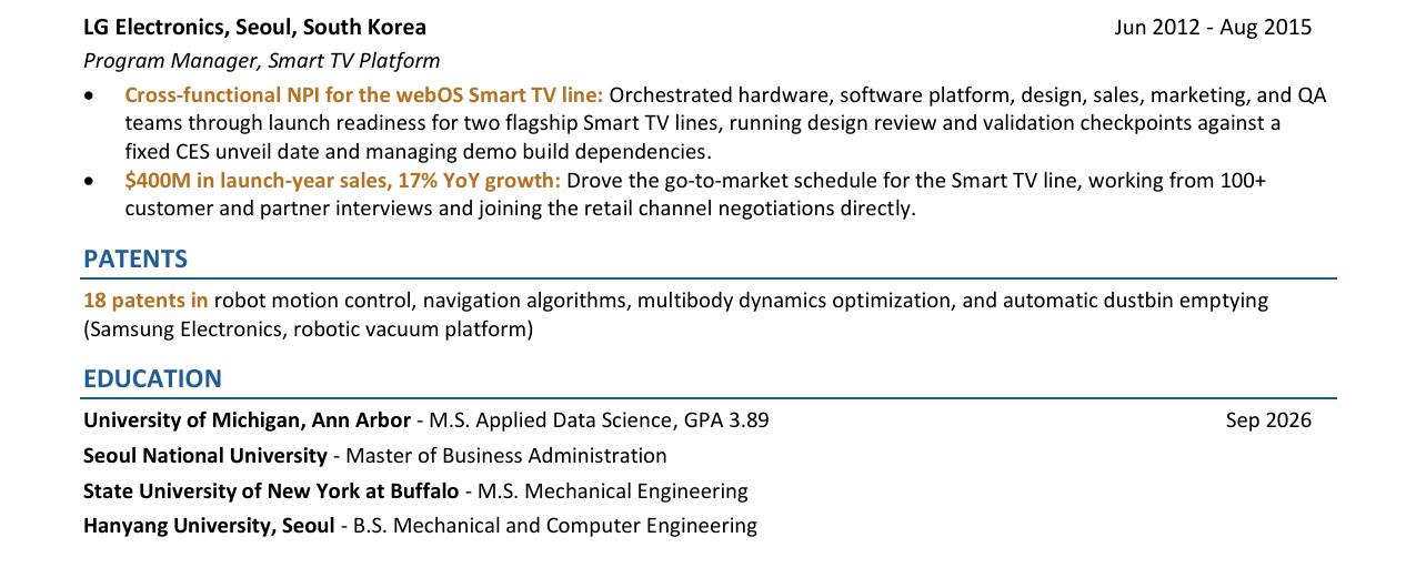 Résumé of Changwoo Kim, page 2: experience at LG Electronics, patents, and education.